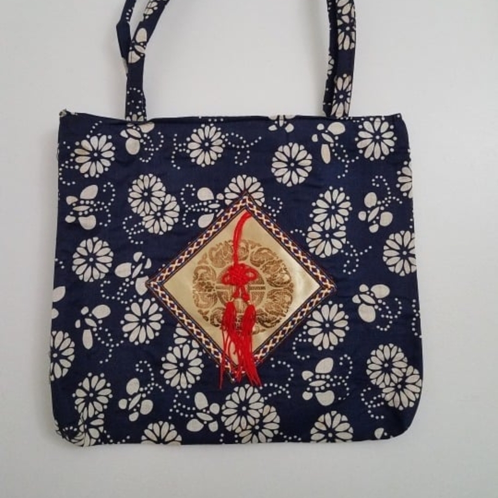 SALE! $8 Floral Navy Tote Bag with Gold Accent